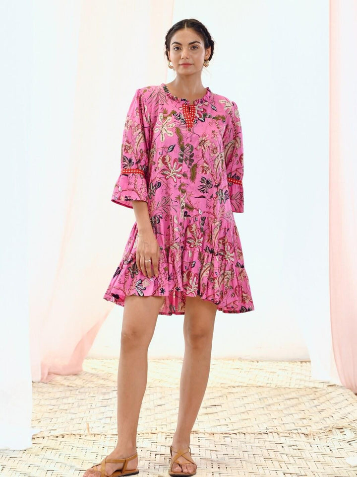 Pink Cotton Printed Short Floral Dress - Moontara