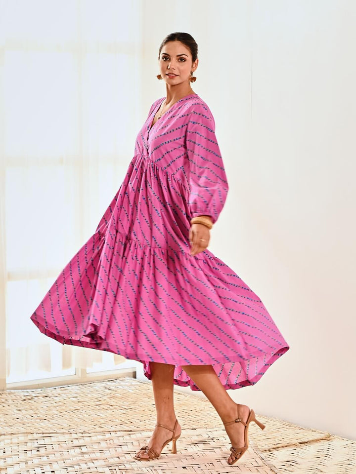 Pink Cotton Striped Print Maxi Long Dress - Moontara