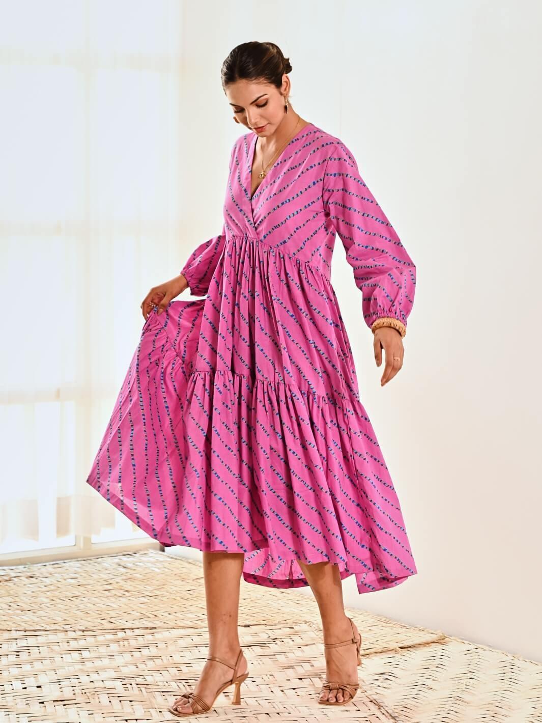 Pink Cotton Striped Print Maxi Long Dress - Moontara