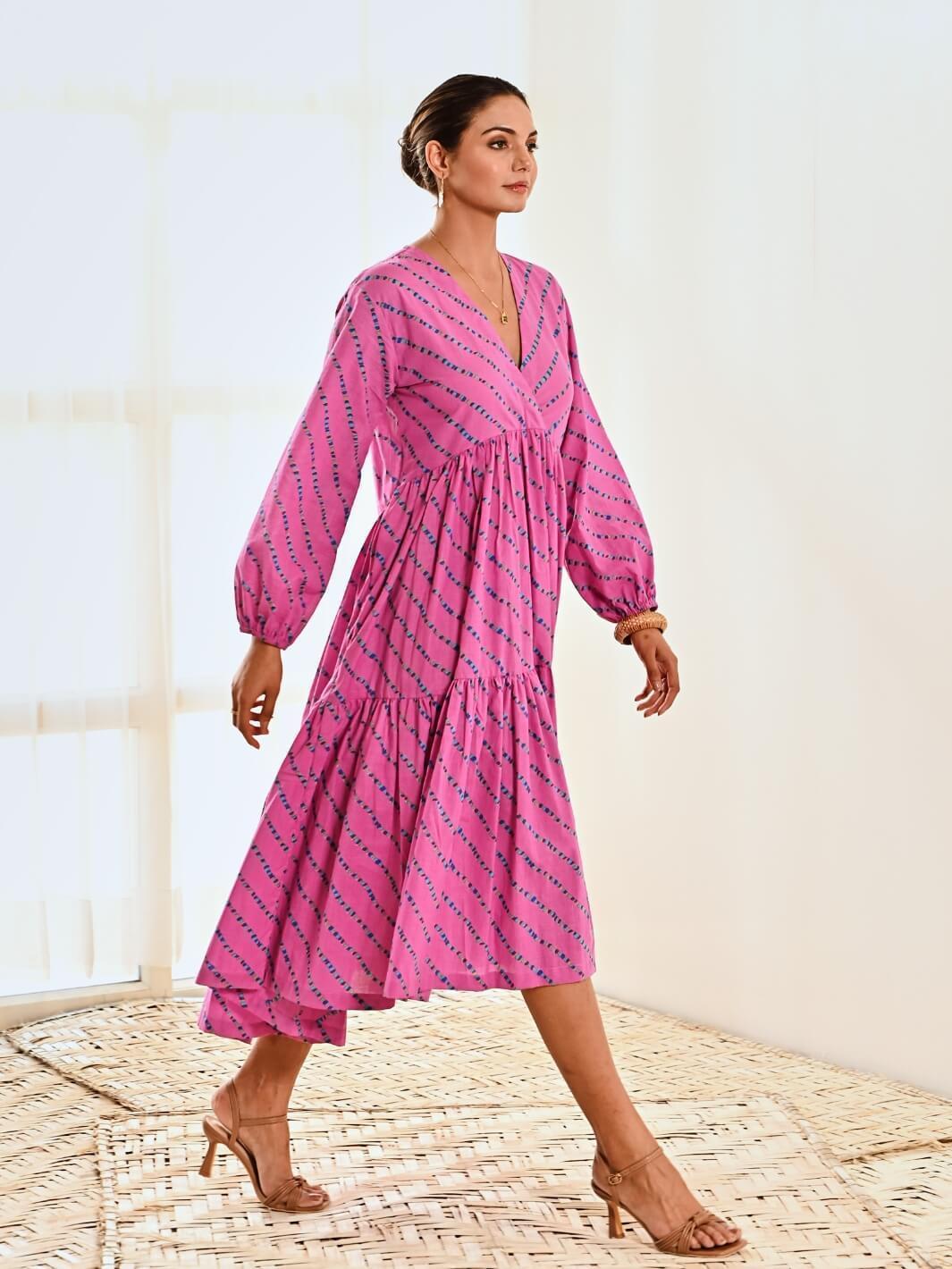 Pink Cotton Striped Print Maxi Long Dress - Moontara