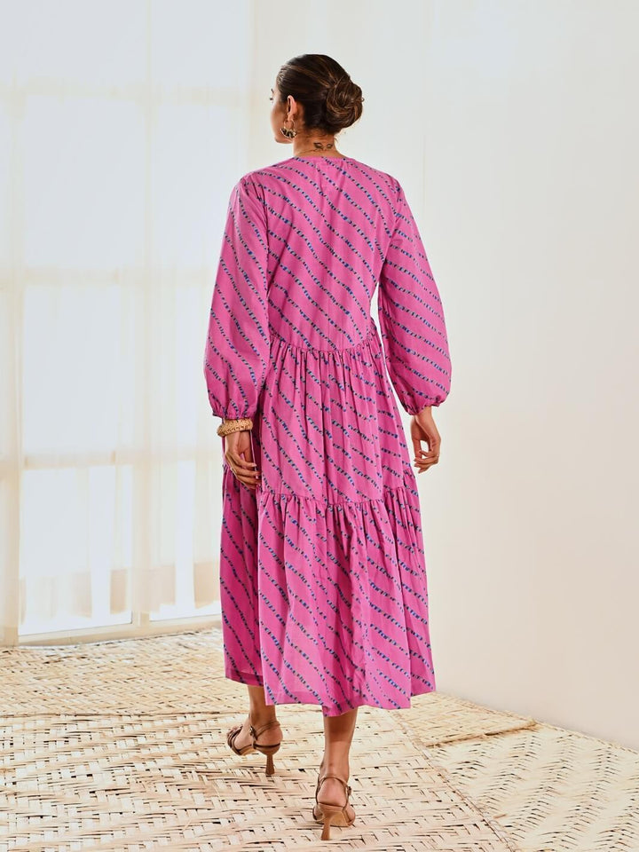 Pink Cotton Striped Print Maxi Long Dress - Moontara