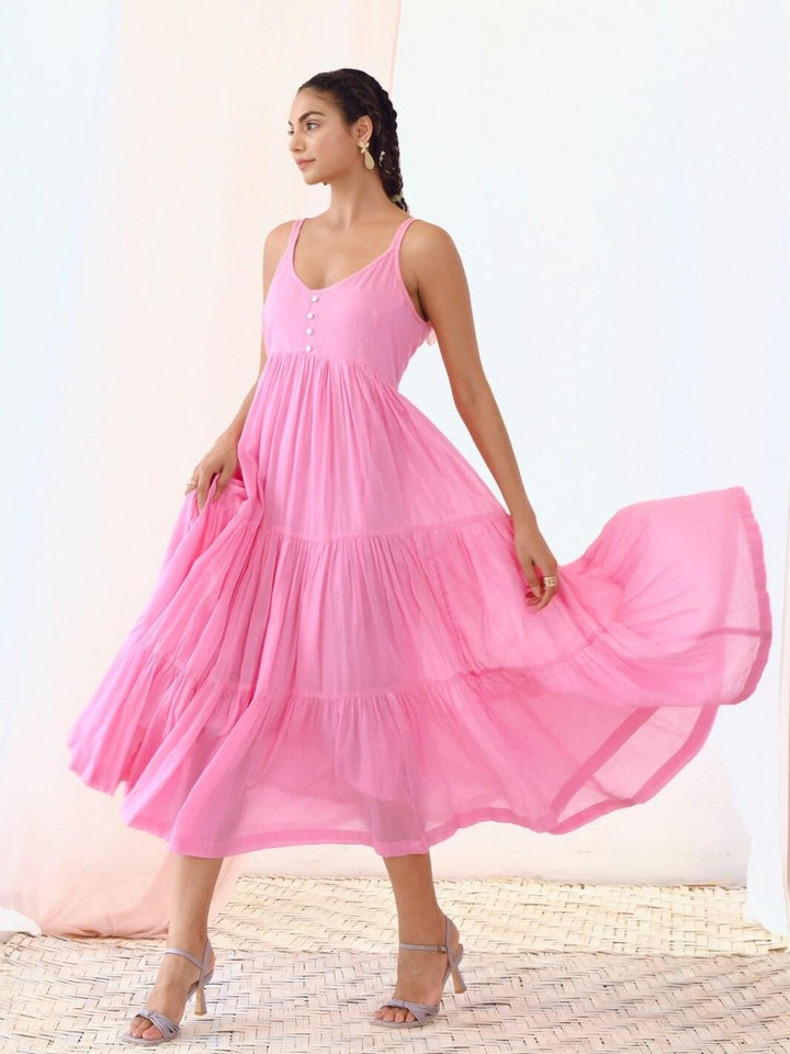 Pink Cotton Voile Flared Maxi Dress - Moontara