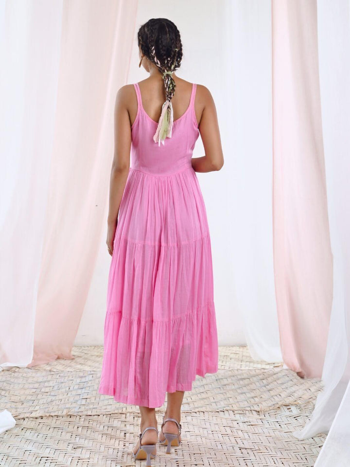 Pink Cotton Voile Flared Maxi Dress - Moontara