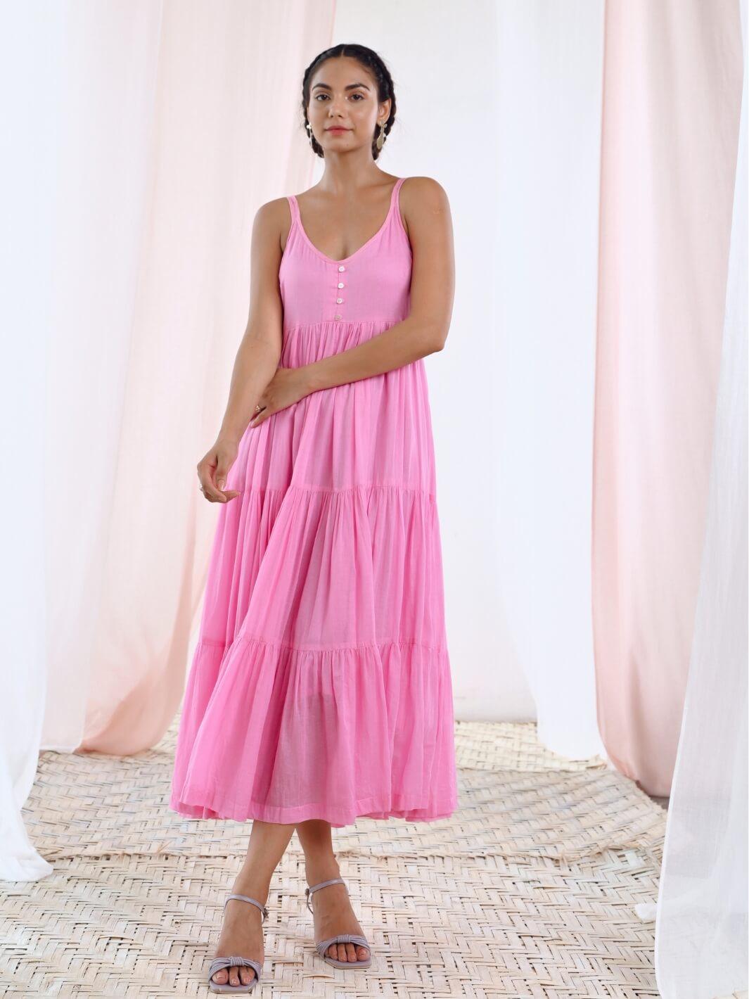 Pink Cotton Voile Flared Maxi Dress - Moontara