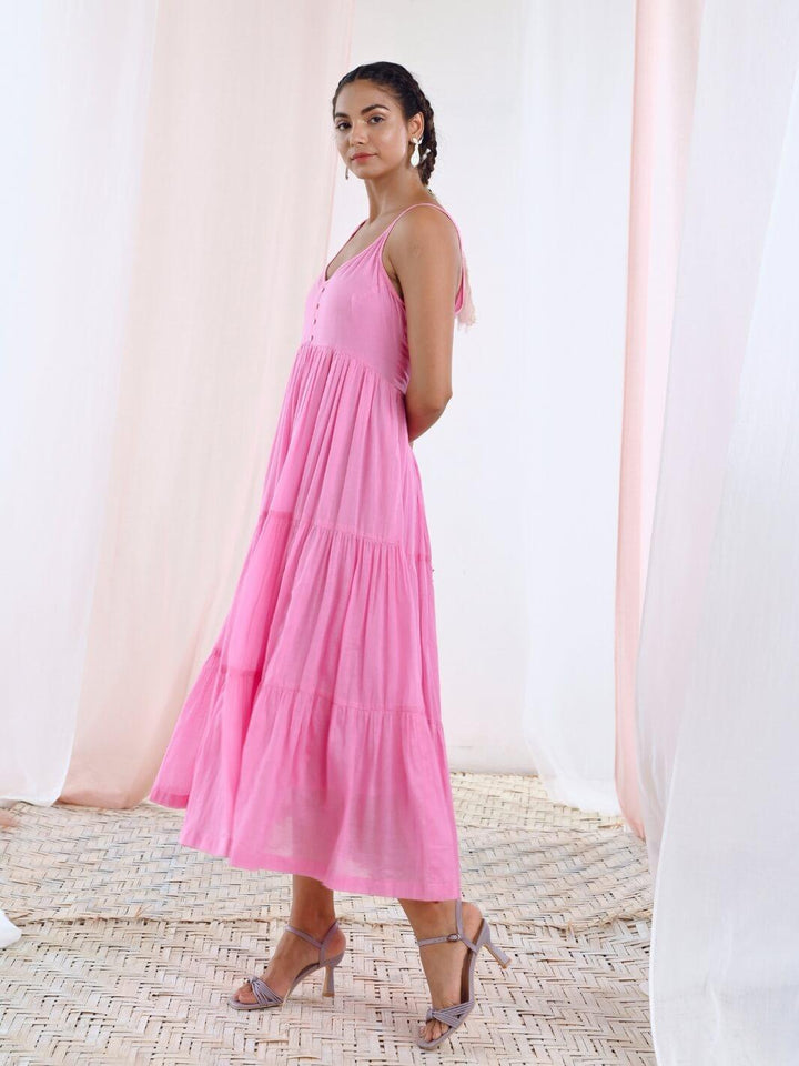 Pink Cotton Voile Flared Maxi Dress - Moontara