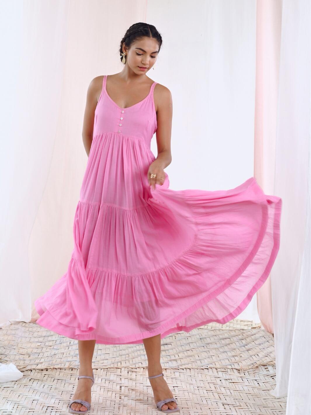 Pink Cotton Voile Flared Maxi Dress - Moontara