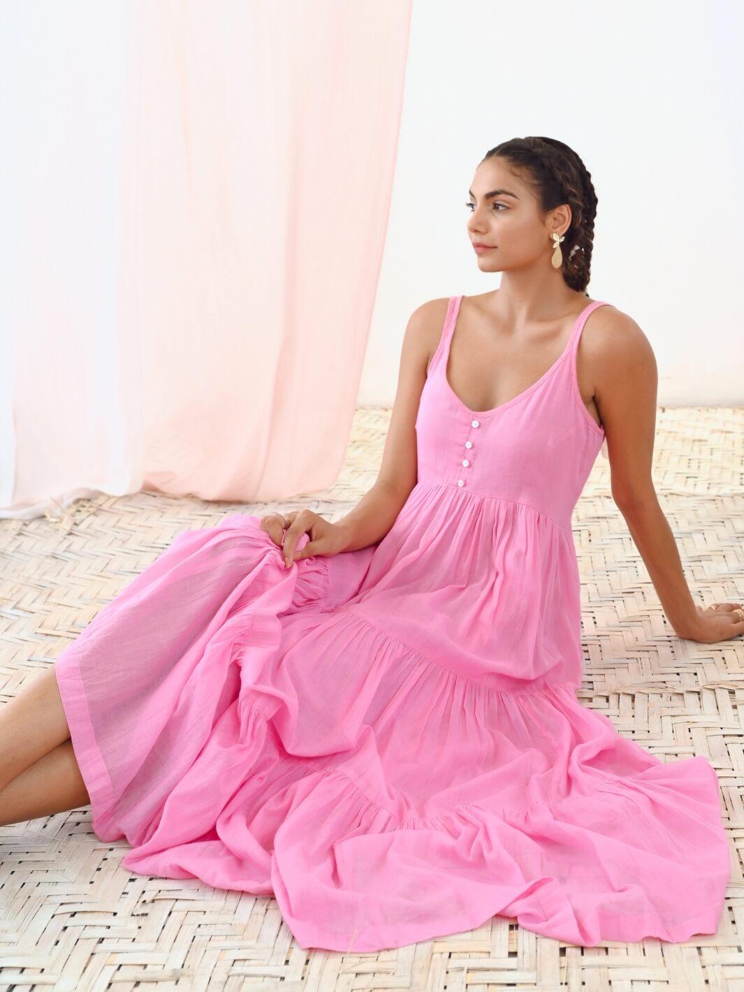 Pink Cotton Voile Flared Maxi Dress - Moontara