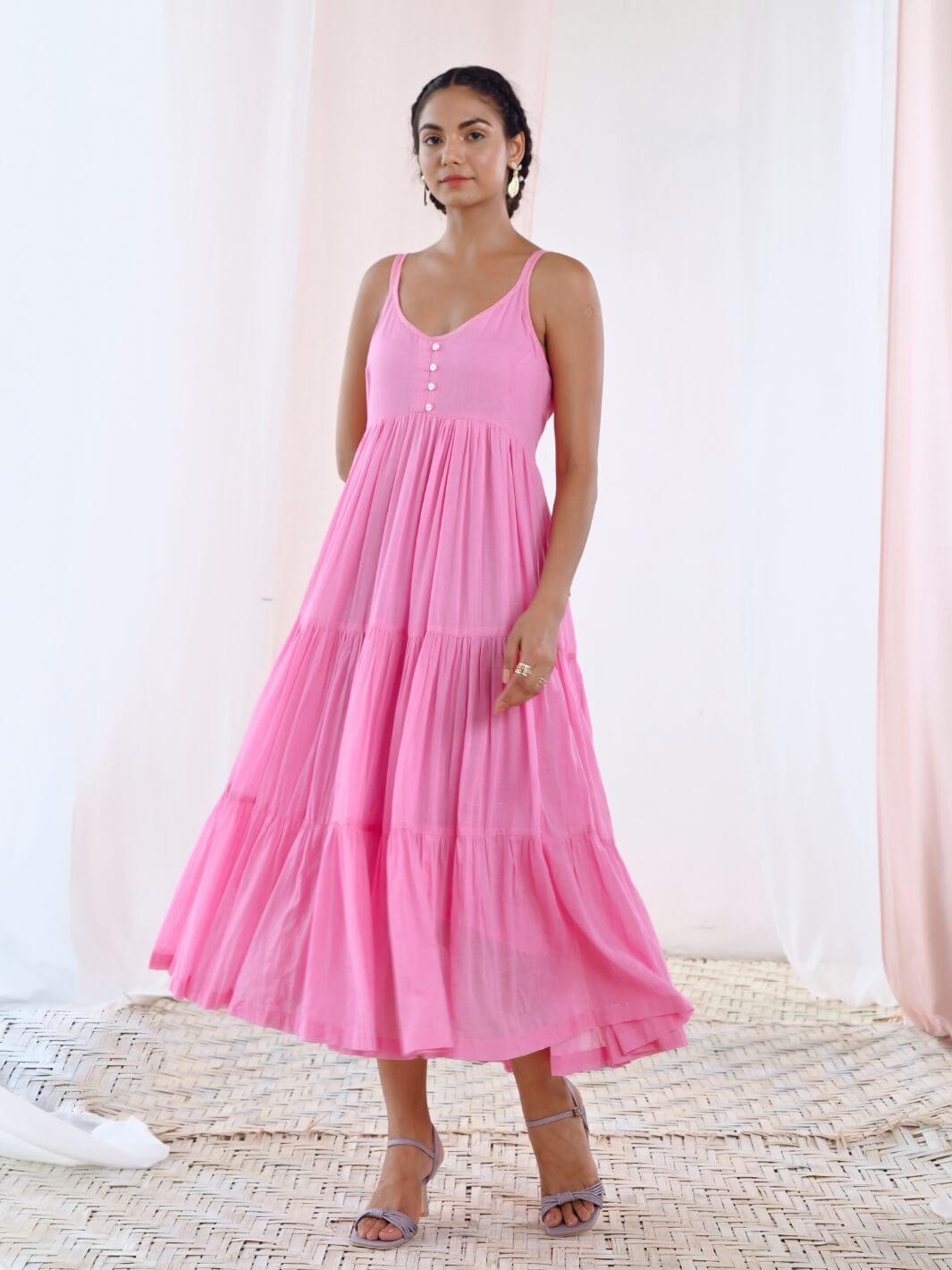 Pink Cotton Voile Flared Maxi Dress - Moontara