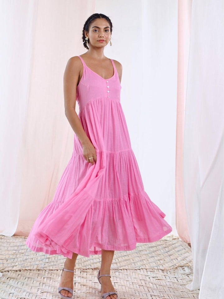 Pink Cotton Voile Flared Maxi Dress - Moontara