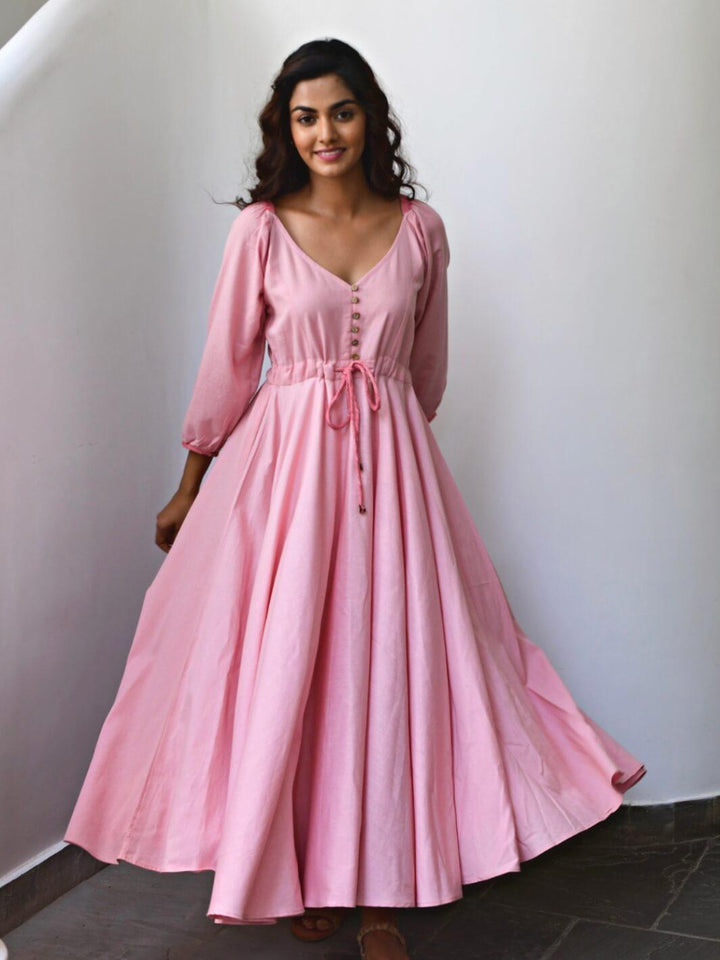 Pink Flared Long Cotton Maxi Dress - Moontara