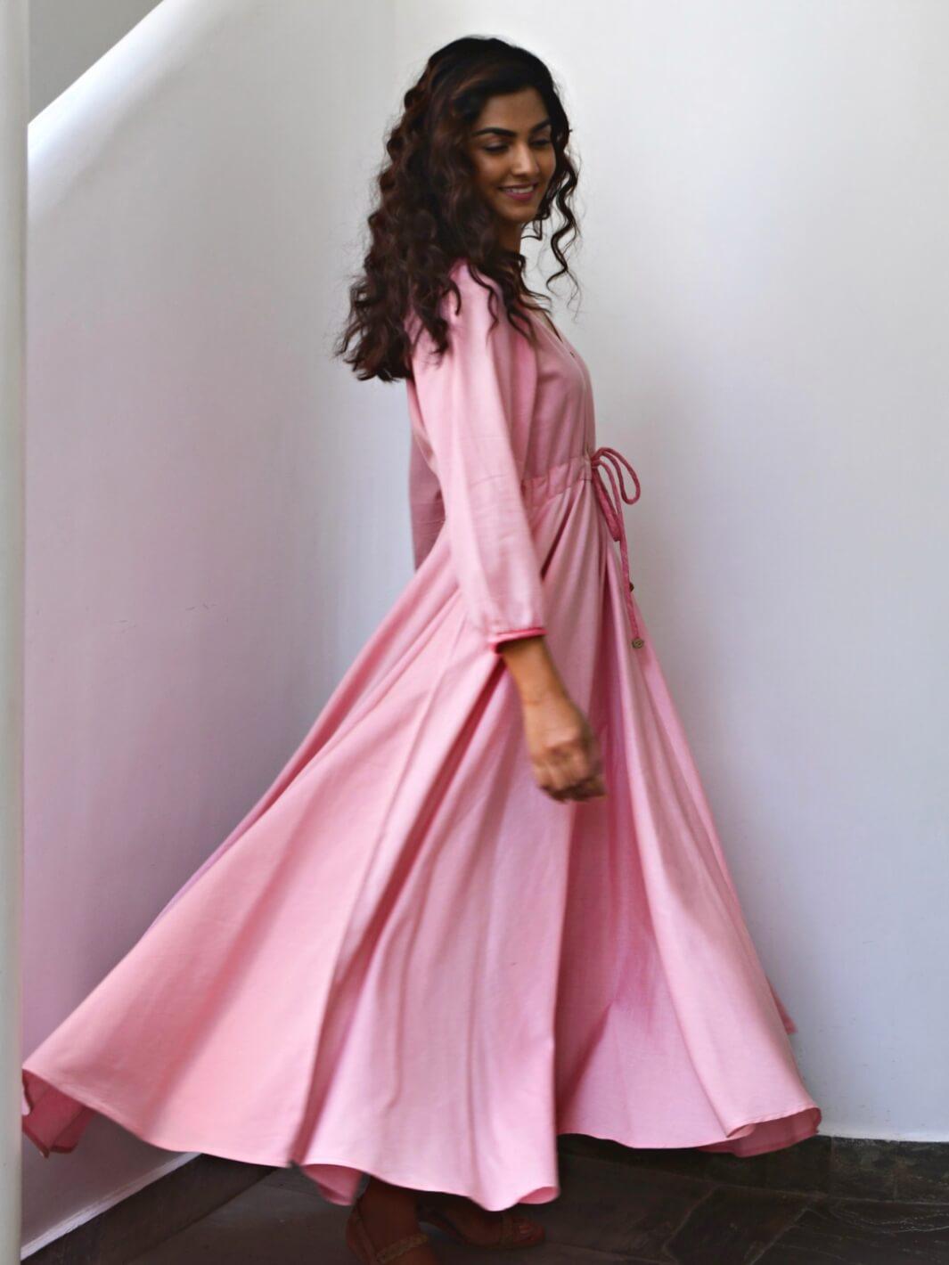 Pink Flared Long Cotton Maxi Dress - Moontara