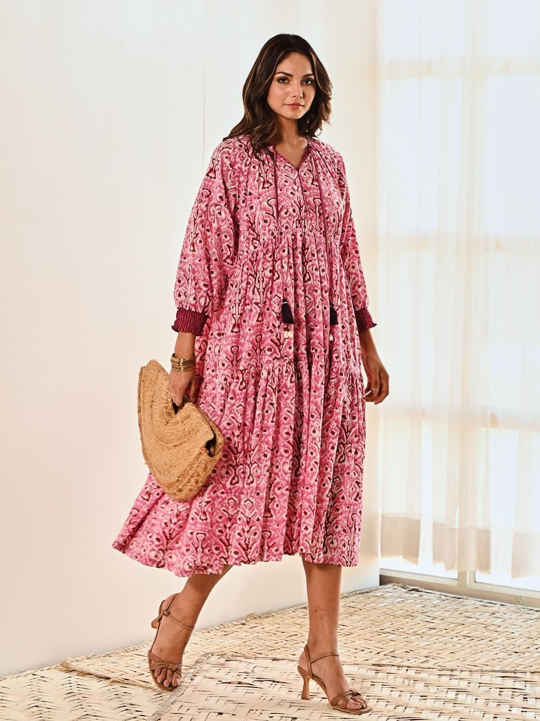 Pink Ikat Print Cotton Maxi Long Dress - Moontara