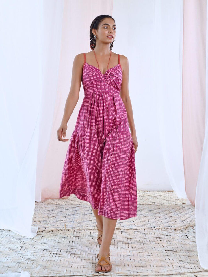 Pink Printed Midi Dress with Tie-up Keyhole Neckline - Moontara