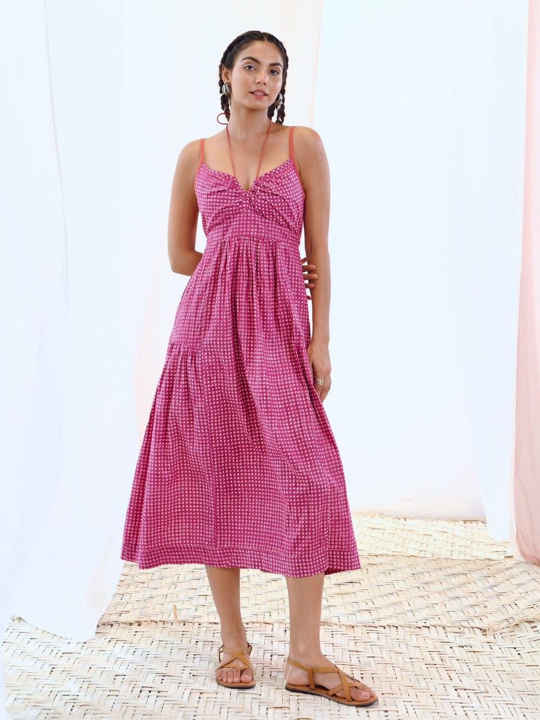 Pink Printed Midi Dress with Tie-up Keyhole Neckline - Moontara