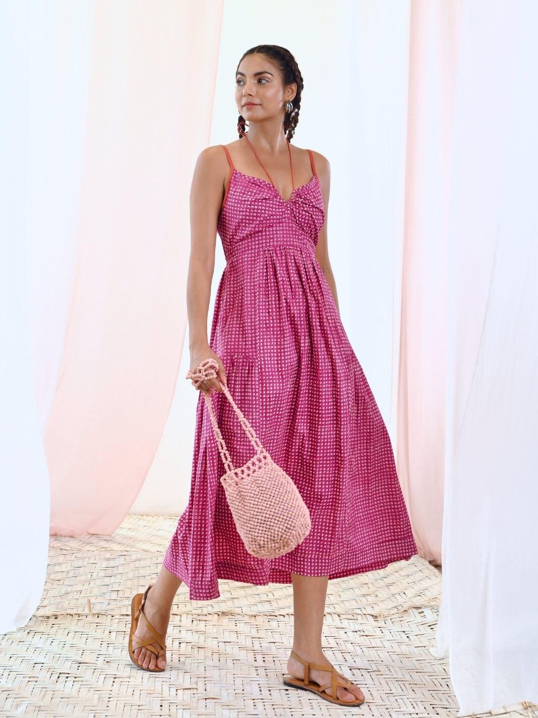 Pink Printed Midi Dress with Tie-up Keyhole Neckline - Moontara