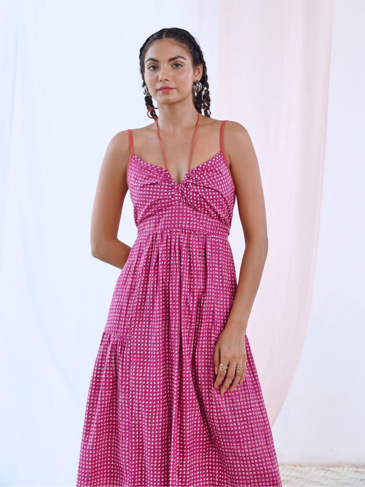 Pink Printed Midi Dress with Tie-up Keyhole Neckline - Moontara