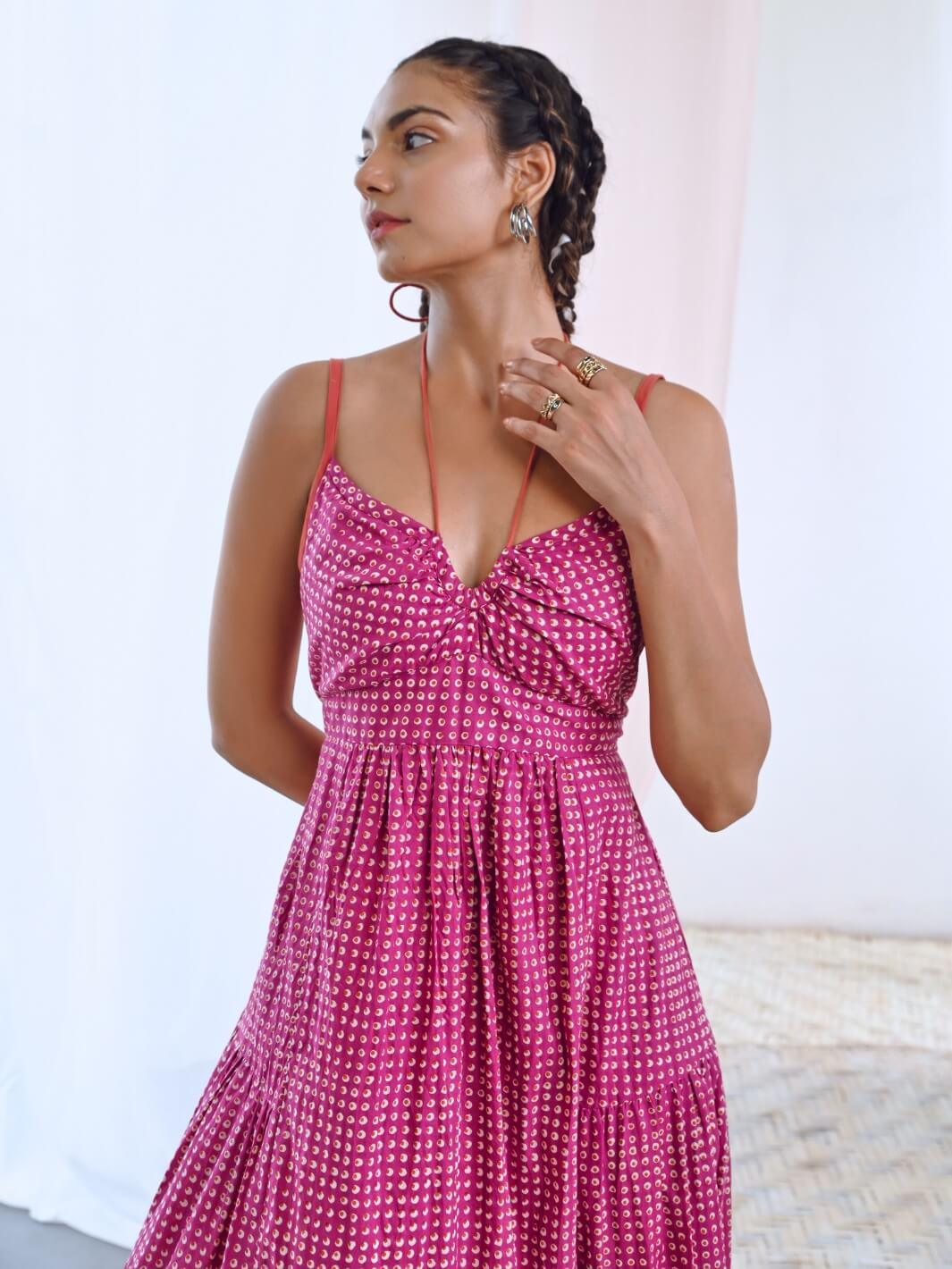 Pink Printed Midi Dress with Tie-up Keyhole Neckline - Moontara