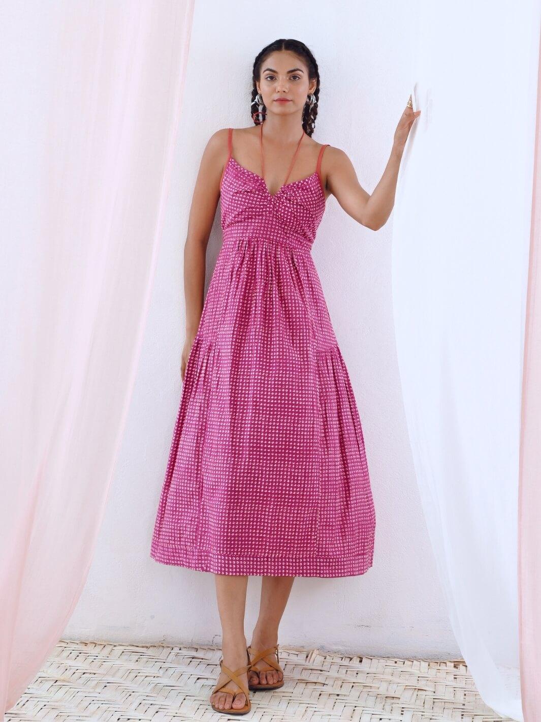 Pink Printed Midi Dress with Tie-up Keyhole Neckline - Moontara