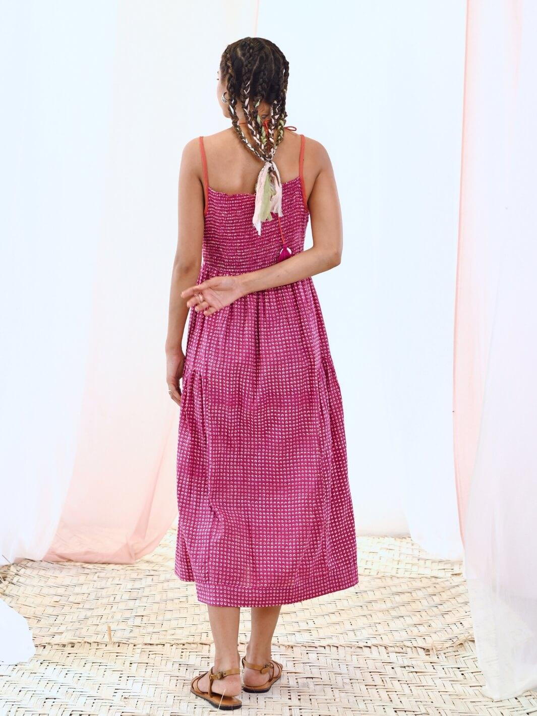 Pink Printed Midi Dress with Tie-up Keyhole Neckline - Moontara