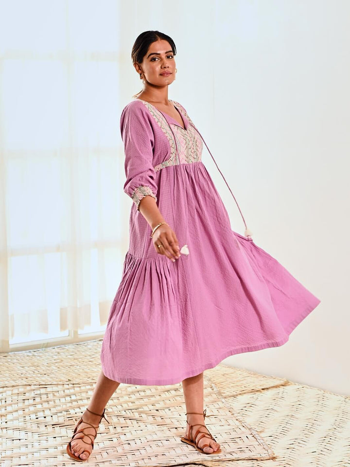 Purple Cotton Long Dress with Belt & Butterfly Sleeves - Moontara