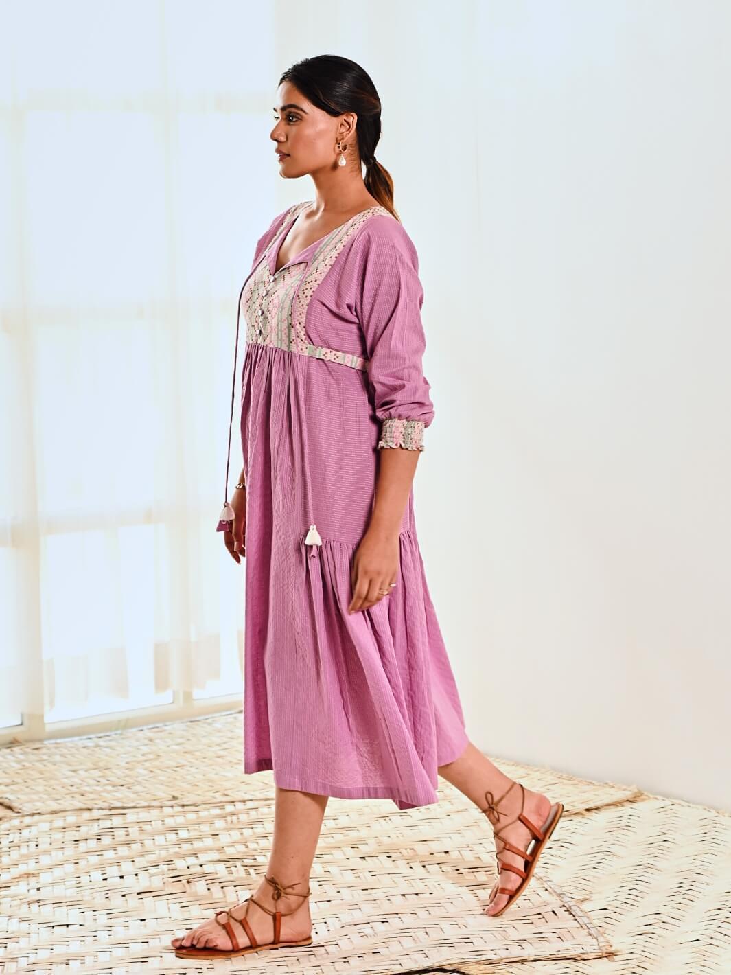 Purple Cotton Long Dress with Belt & Butterfly Sleeves - Moontara