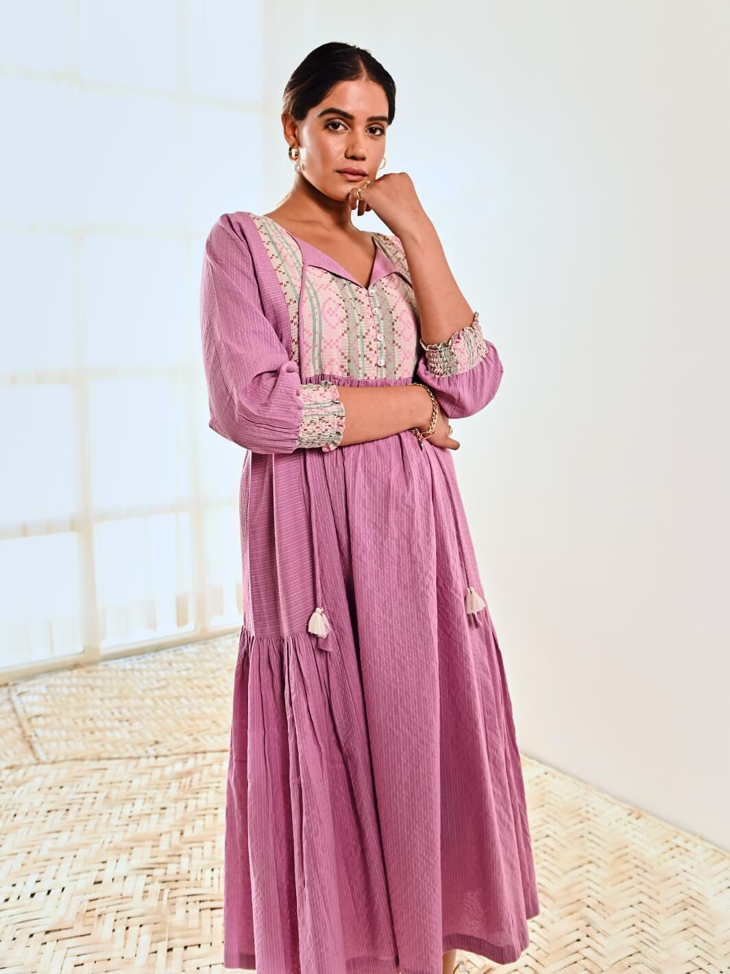 Purple Cotton Long Dress with Belt & Butterfly Sleeves - Moontara