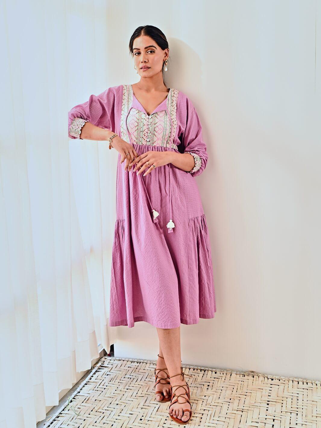 Purple Cotton Long Dress with Belt & Butterfly Sleeves - Moontara