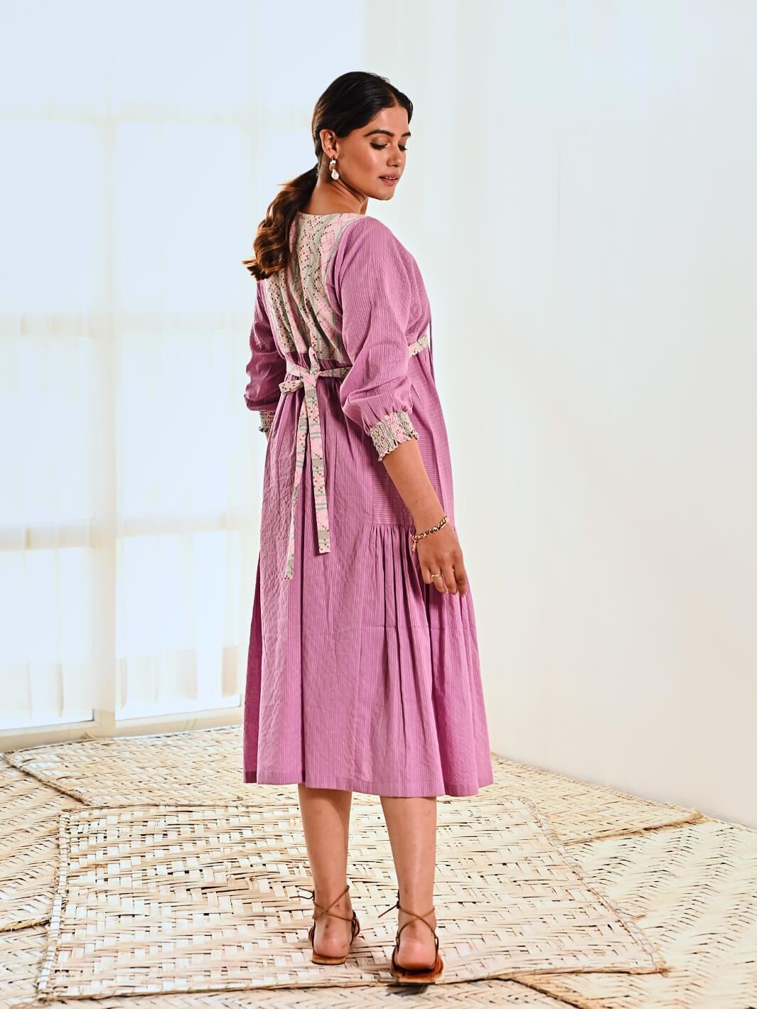 Purple Cotton Long Dress with Belt & Butterfly Sleeves - Moontara