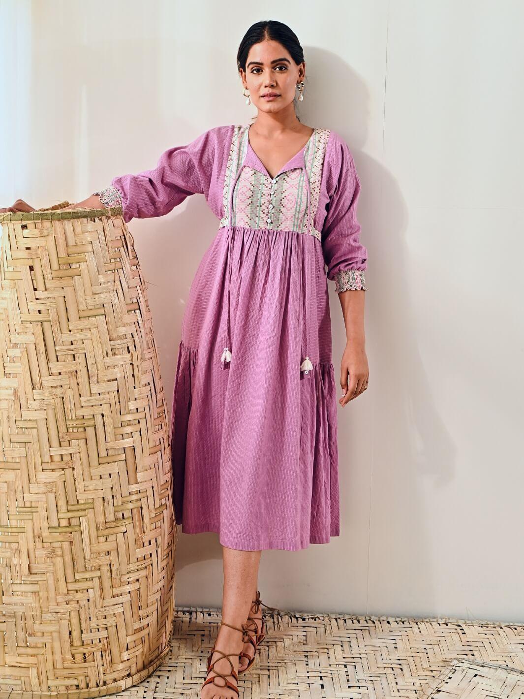 Purple Cotton Long Dress with Belt & Butterfly Sleeves - Moontara