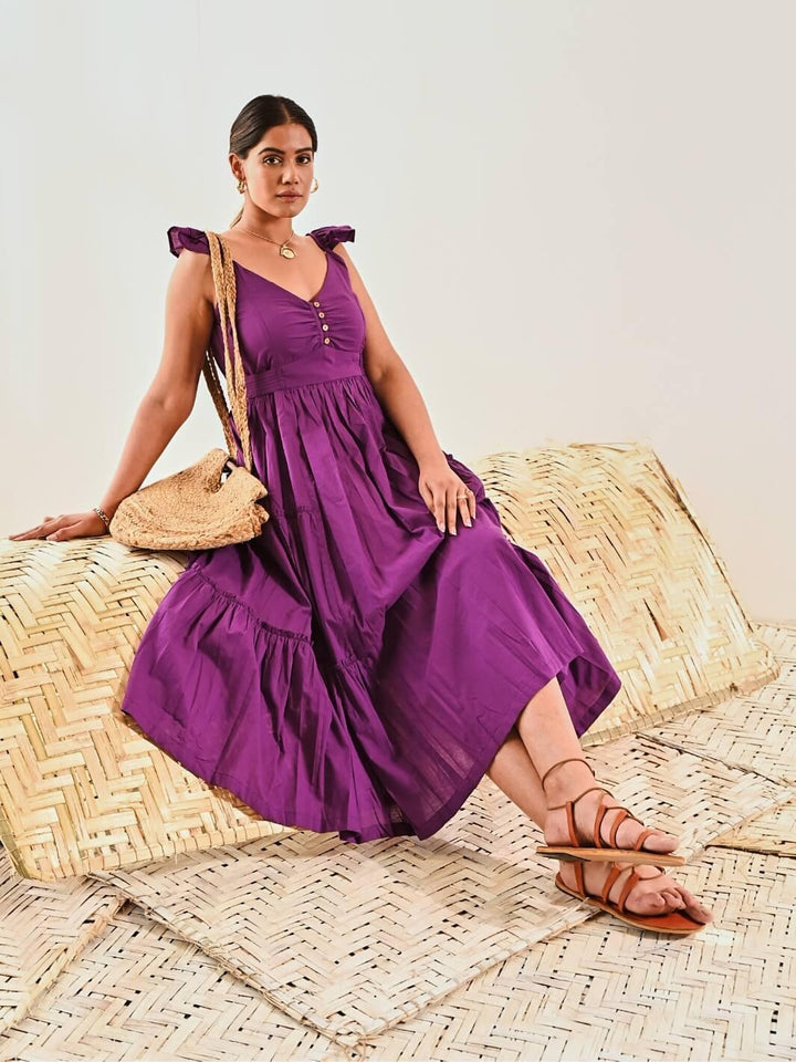 Purple Cotton Sleeveless Maxi Long Dress - Moontara