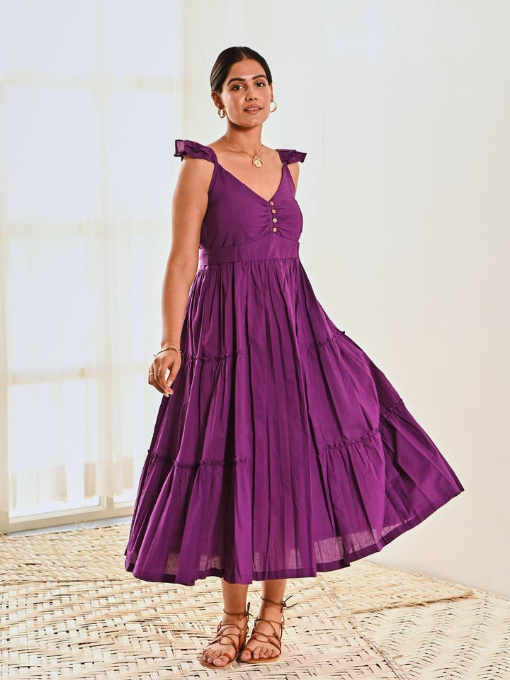 Purple Cotton Sleeveless Maxi Long Dress - Moontara