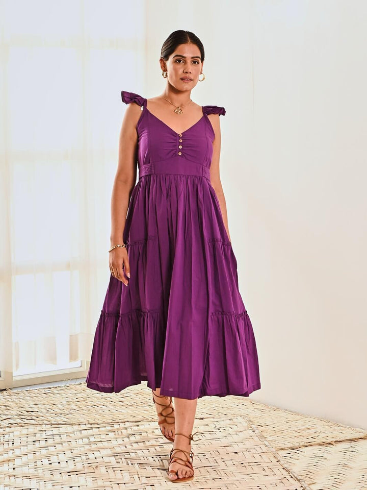 Purple Cotton Sleeveless Maxi Long Dress - Moontara