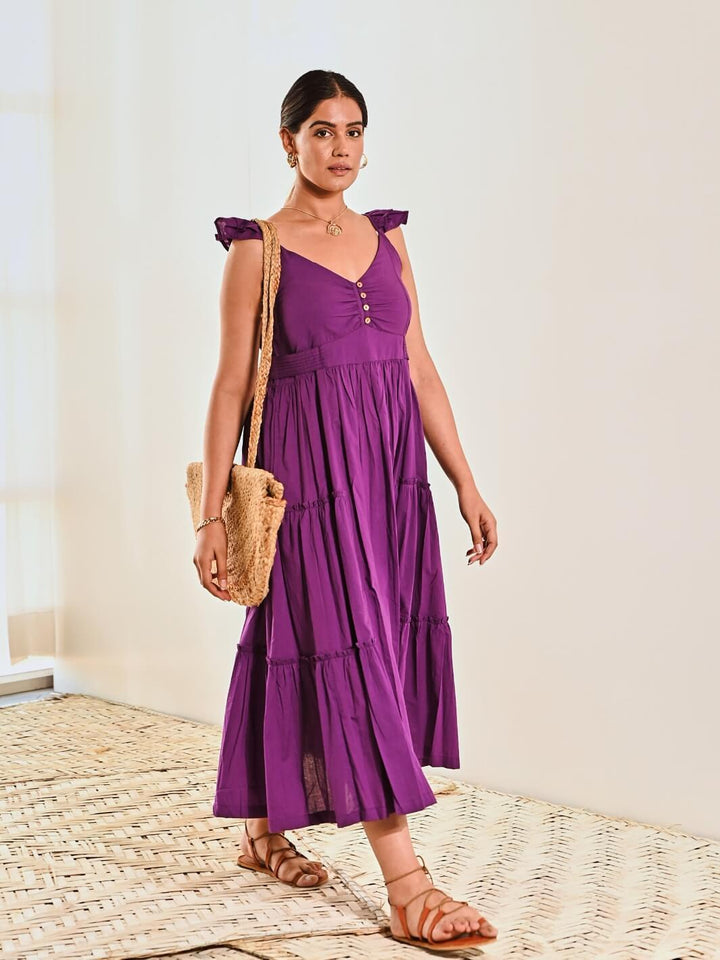 Purple Cotton Sleeveless Maxi Long Dress - Moontara