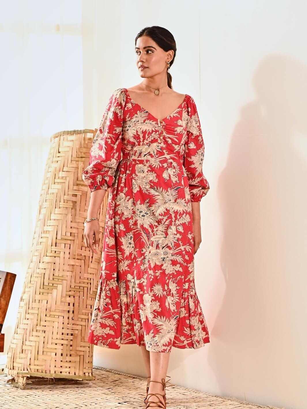 Red Cotton Floral Print A Line Long Dress - Moontara