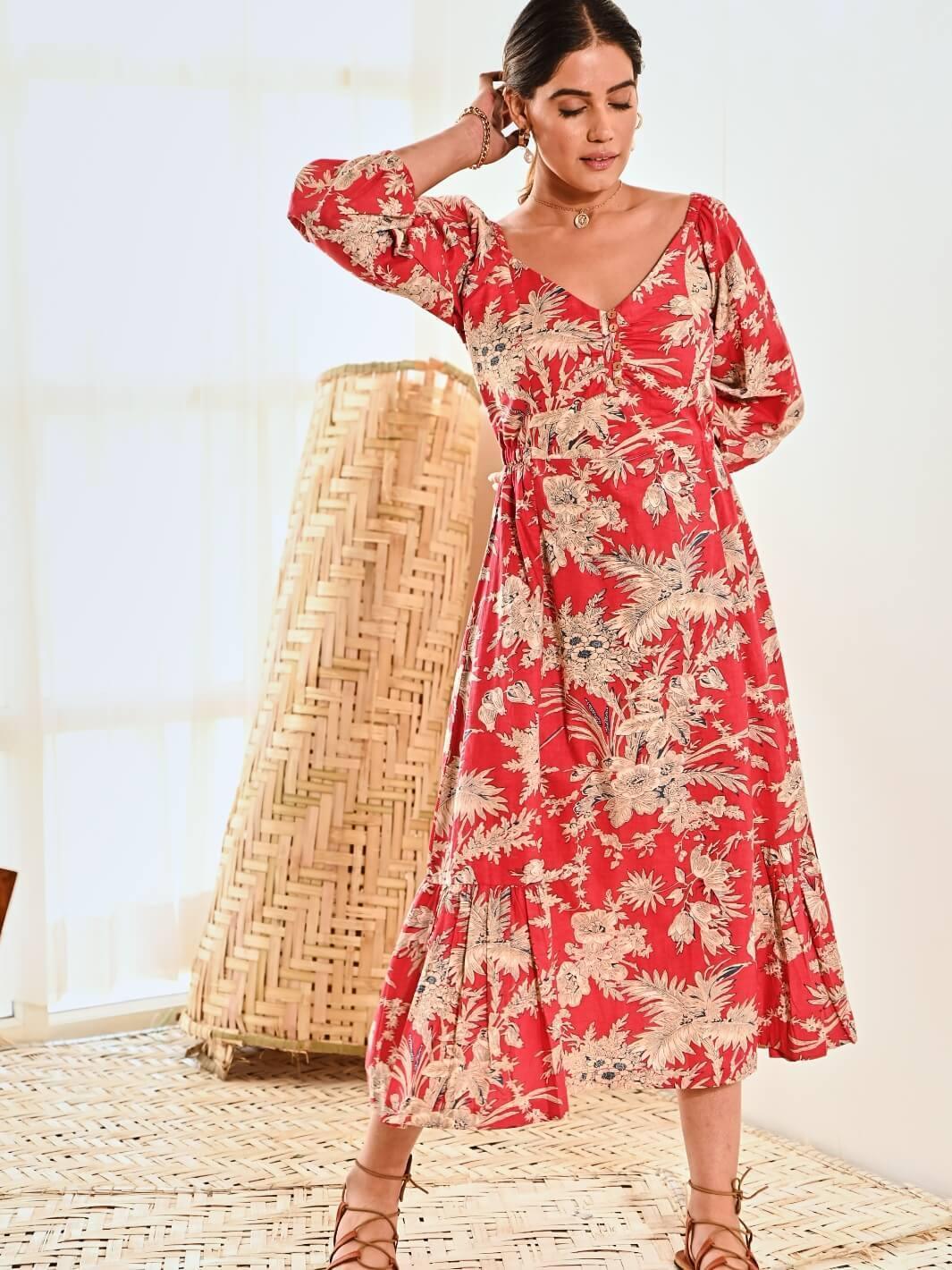 Red Cotton Floral Print A Line Long Dress - Moontara