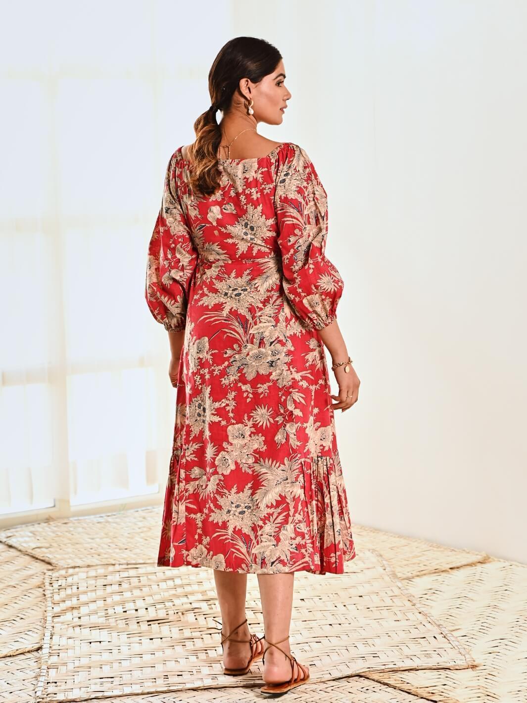 Red Cotton Floral Print A Line Long Dress - Moontara