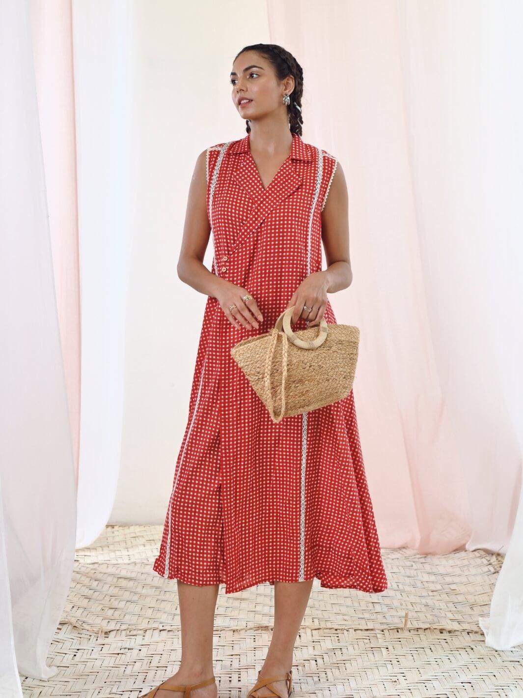 Red Printed Cotton Sleeveless Wrap Dress - Moontara