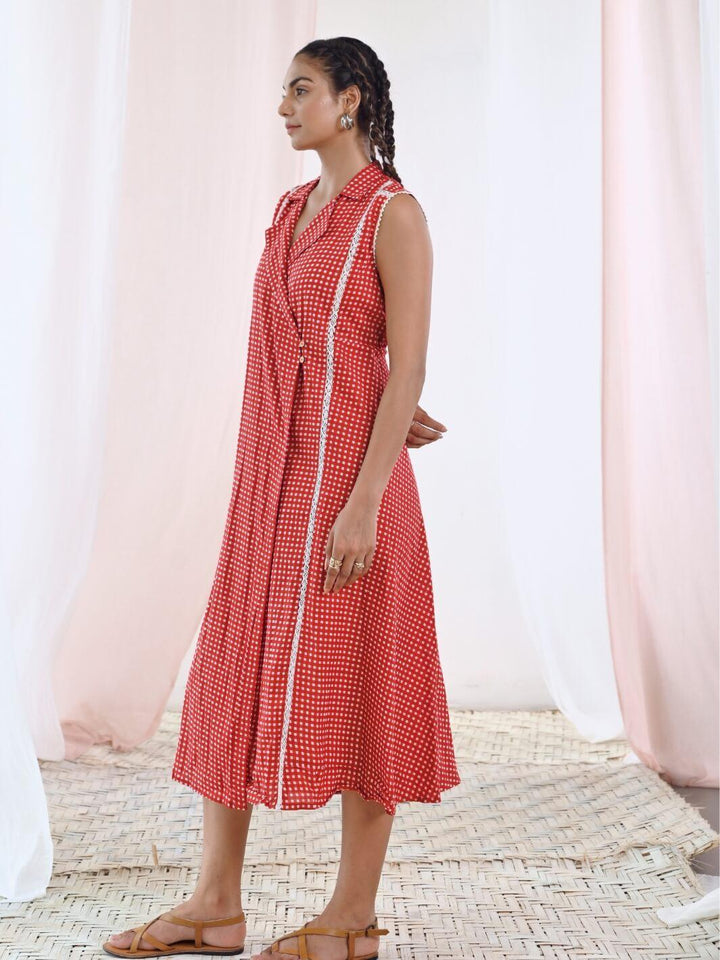 Red Printed Cotton Sleeveless Wrap Dress - Moontara