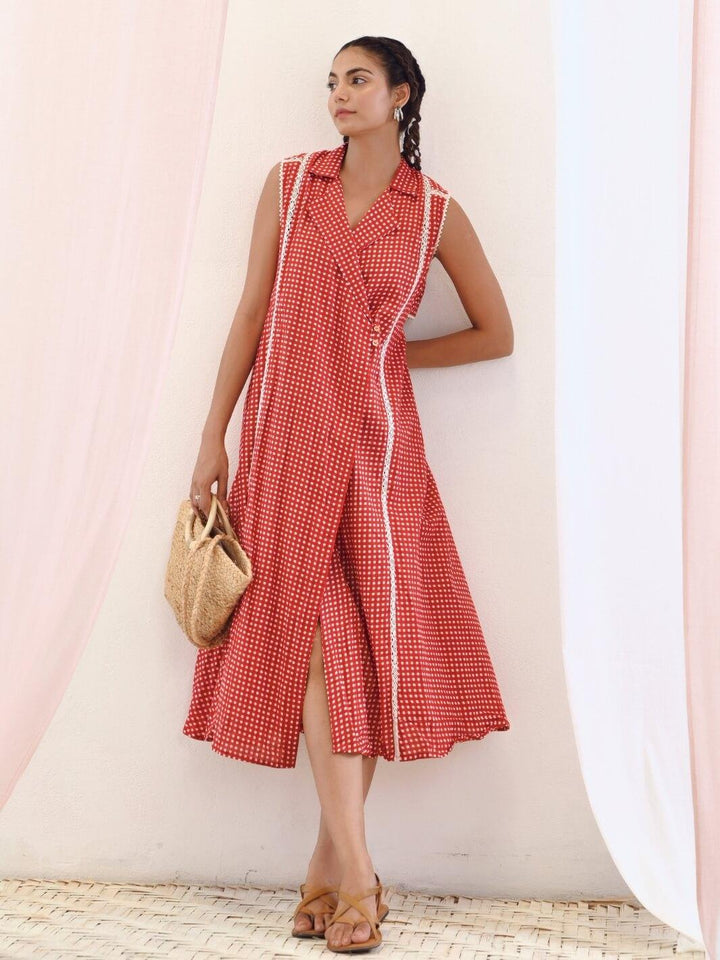 Red Printed Cotton Sleeveless Wrap Dress - Moontara