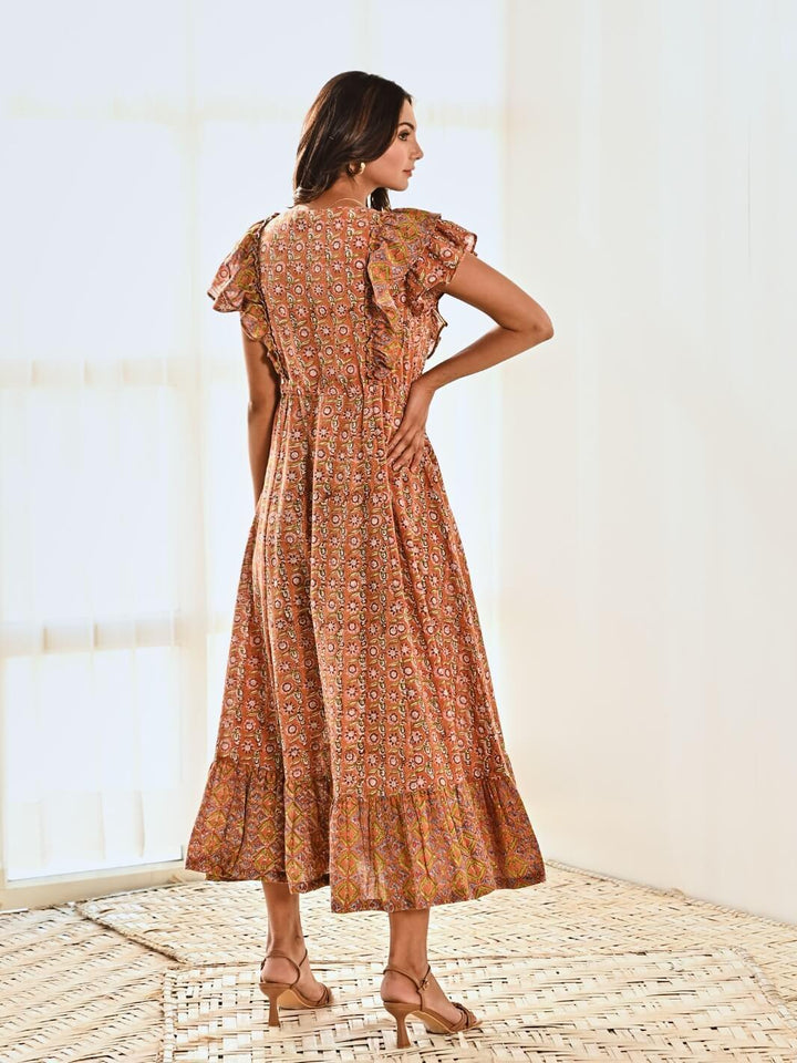 Rust Cotton Floral Print Maxi Long Dress - Moontara