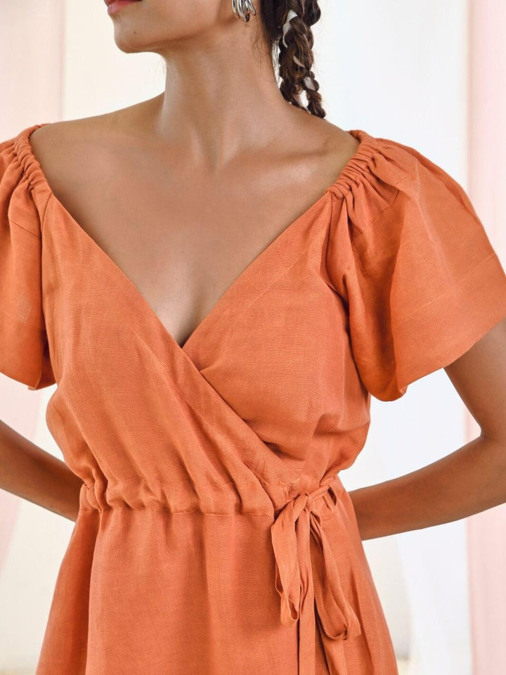 Rust Orange Linen Wrap Dress with Short Sleeves - Moontara