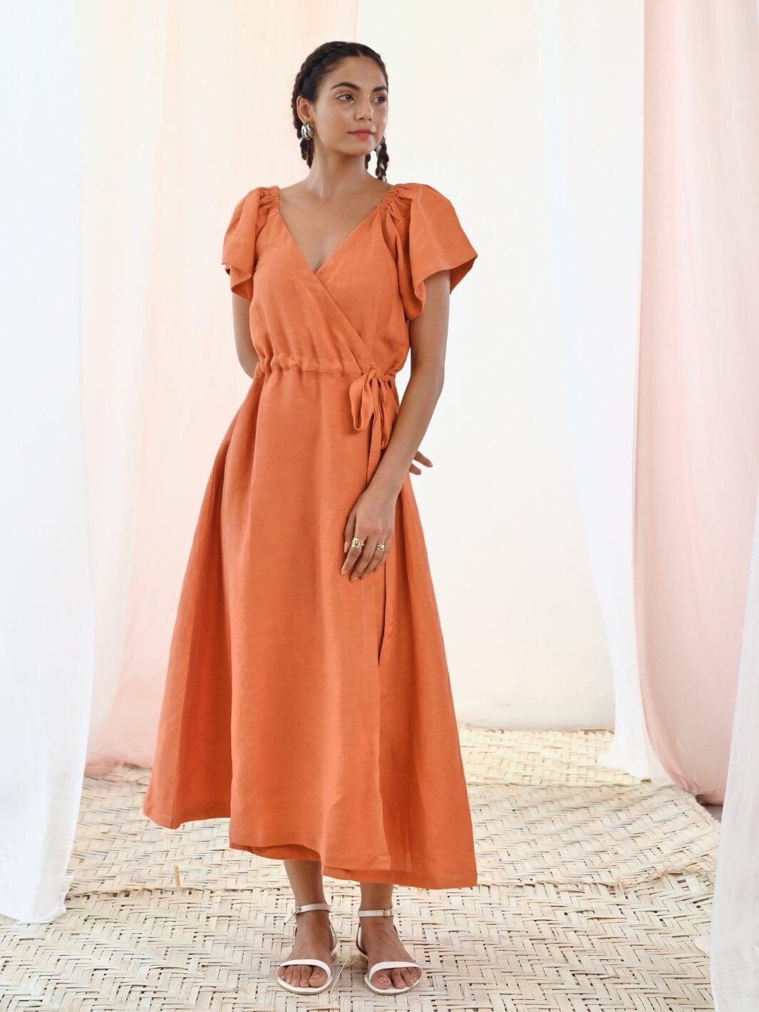 Rust Orange Linen Wrap Dress with Short Sleeves - Moontara