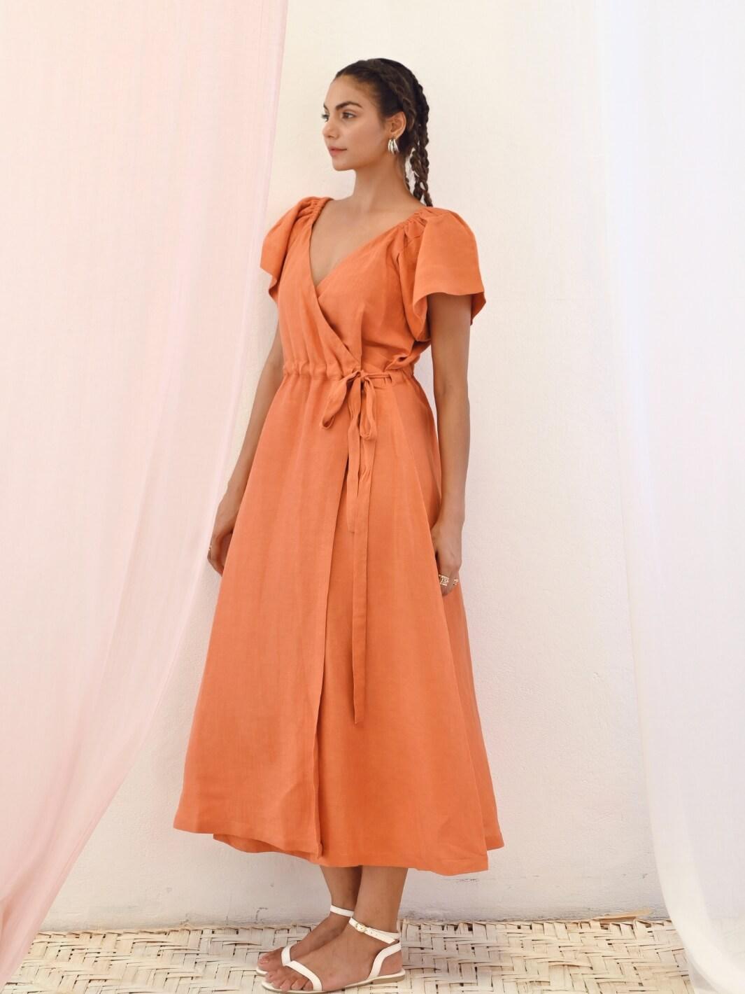 Rust Orange Linen Wrap Dress with Short Sleeves - Moontara