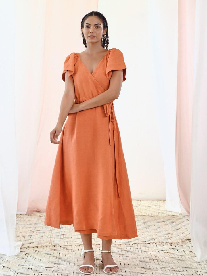 Rust Orange Linen Wrap Dress with Short Sleeves - Moontara