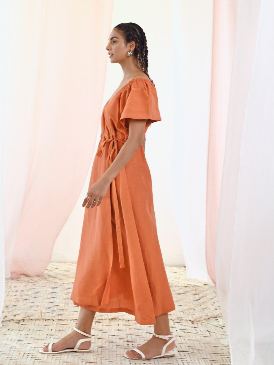 Rust Orange Linen Wrap Dress with Short Sleeves - Moontara