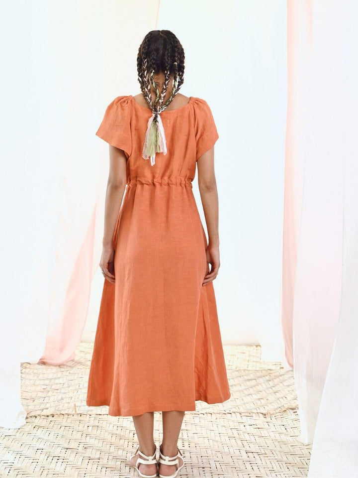 Rust Orange Linen Wrap Dress with Short Sleeves - Moontara