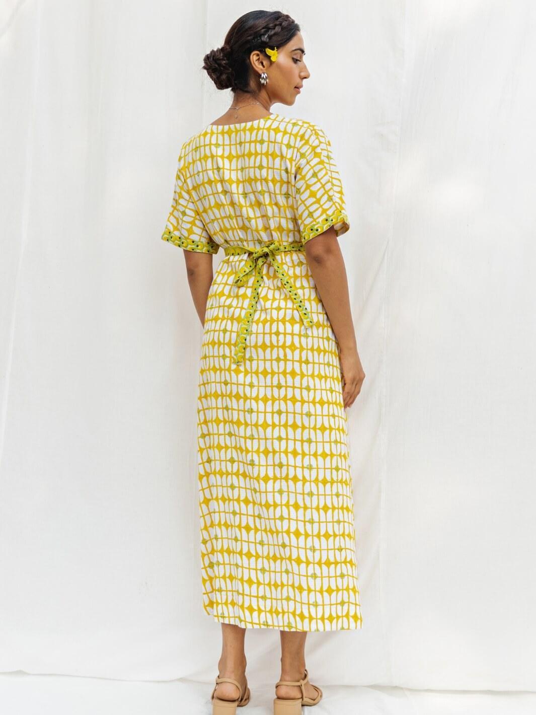 Sunshine Yellow Handblock Print Long Cotton Midi Bloom Dress - Moontara