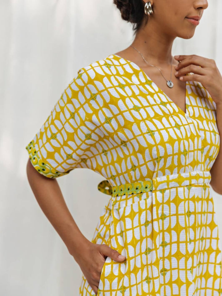 Sunshine Yellow Handblock Print Long Cotton Midi Bloom Dress - Moontara