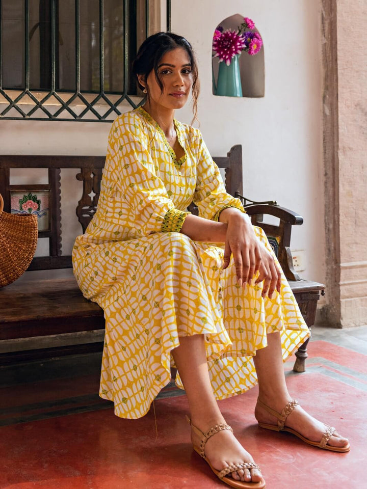 Sunshine Yellow Handblock Print Long Cotton Midi Joy Dress - Moontara