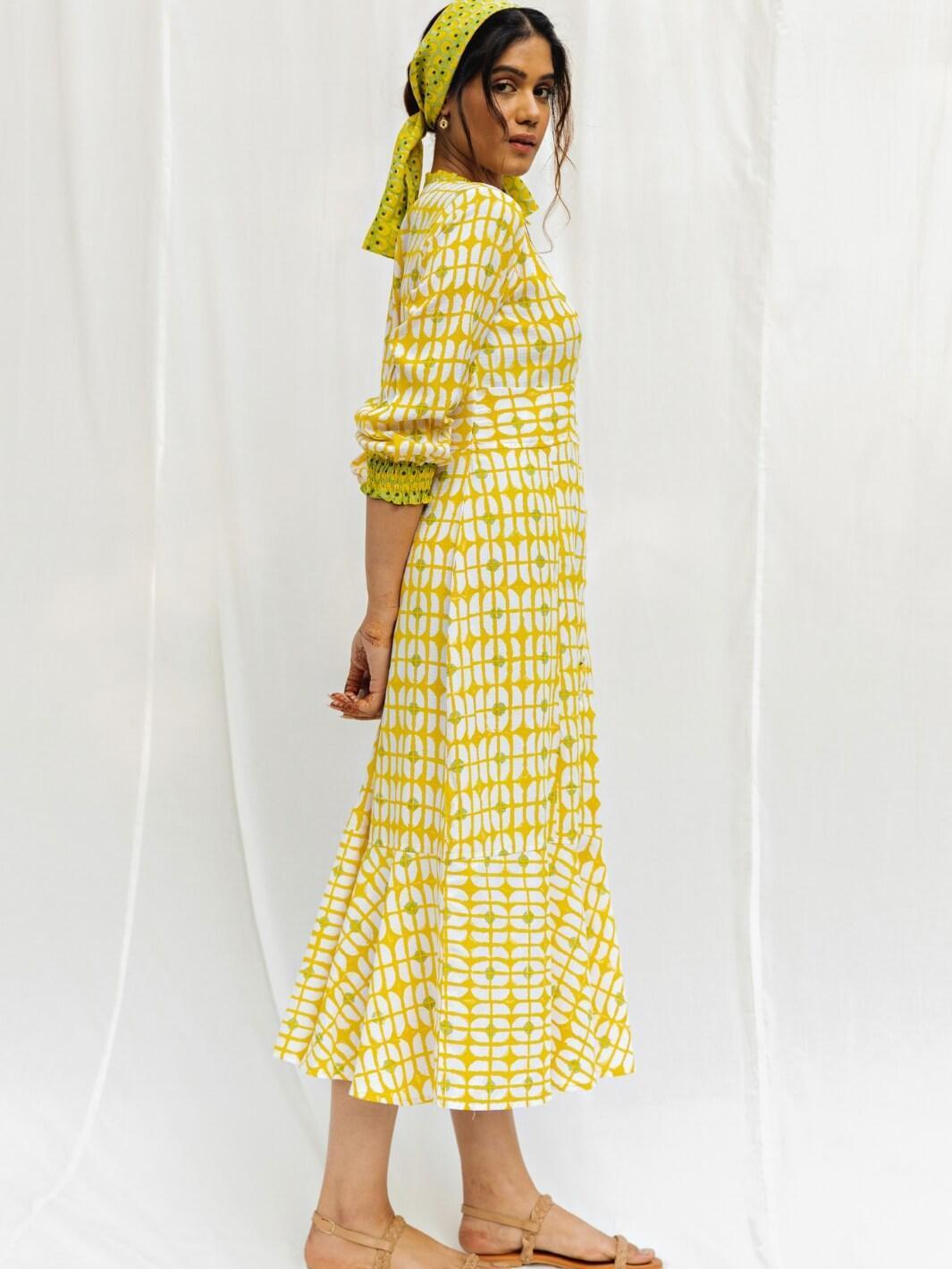 Sunshine Yellow Handblock Print Long Cotton Midi Joy Dress - Moontara